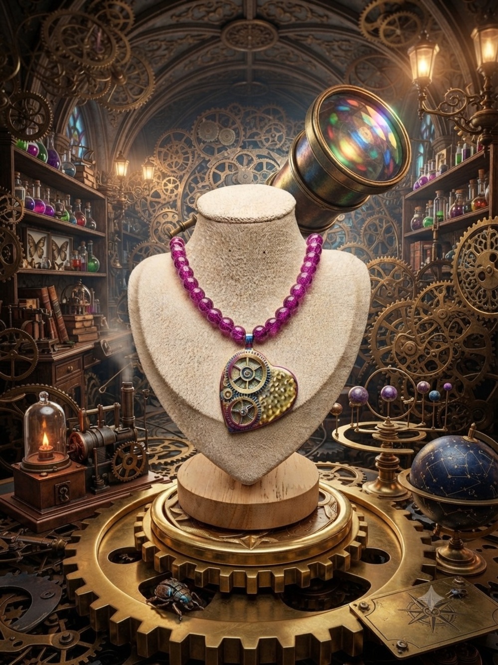One of a kind Steampunk Purple Beaded Necklace with Heart Gear Pendant/ Magnetic